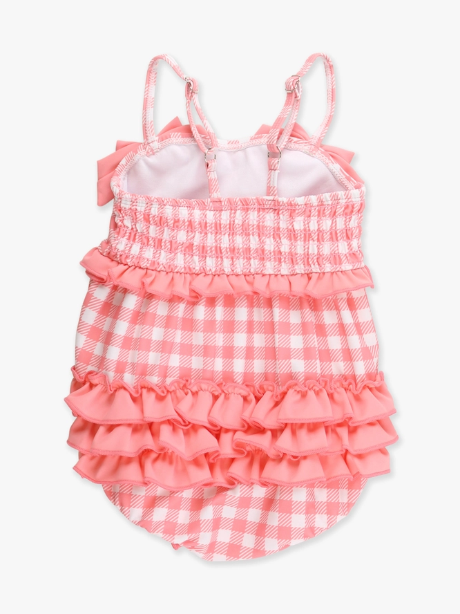 Costume intero per neonata in vichy rosa bubblegum con fiocco, romper a bolle e ruches posteriori distintive - immagine 2