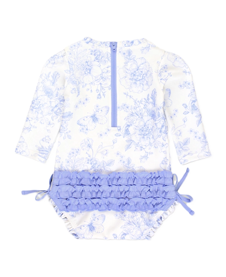 Costume intero rash guard a manica lunga per bambina, colore pervinca, fantasia giardino di farfalle, con i caratteristici volant sul retro - immagine 6