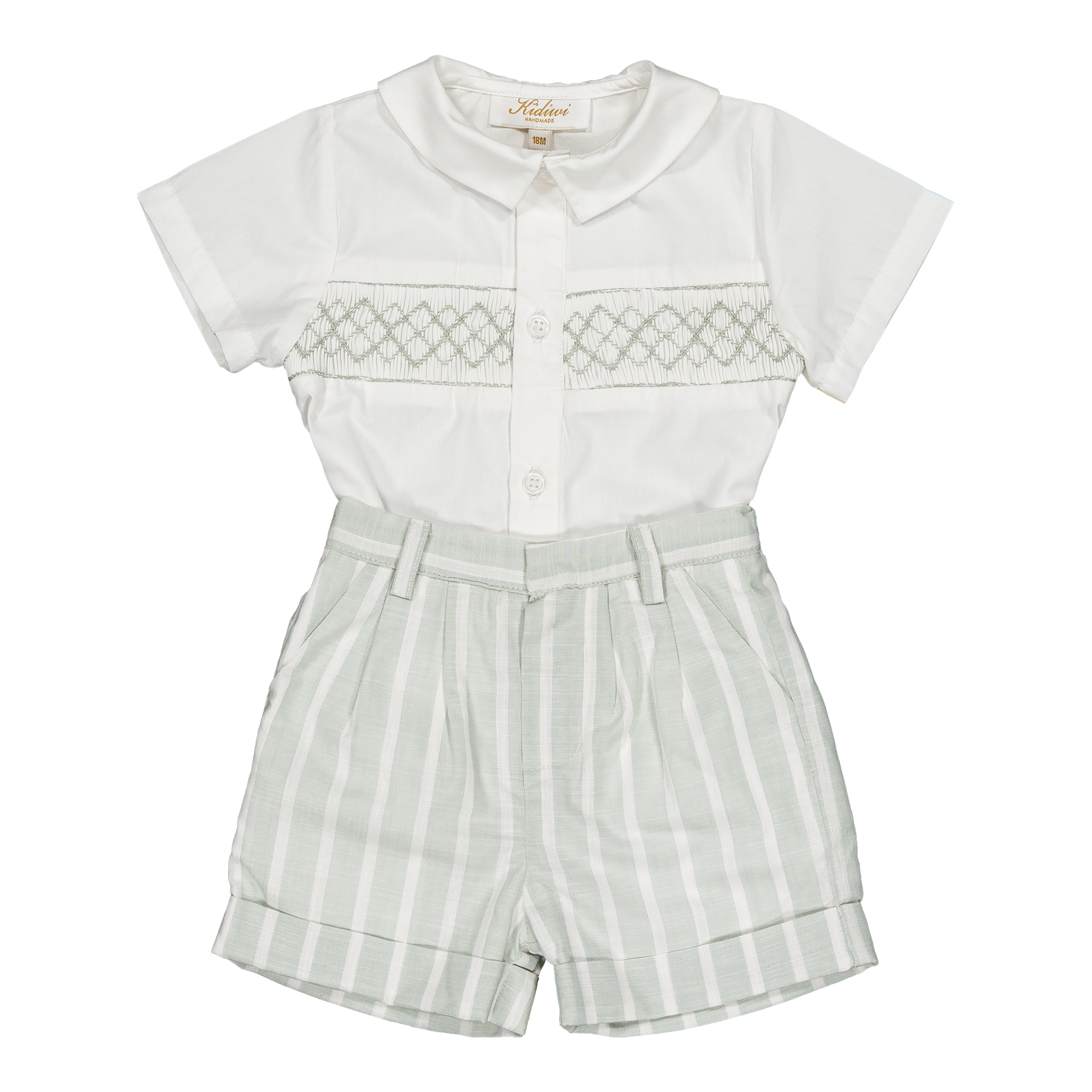 Benoit, completo da bambino con ricami, a righe grandi color menta
