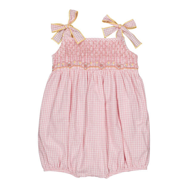 Francine, tutina da bambina con arricciature, a quadretti piccoli rosa confetto.