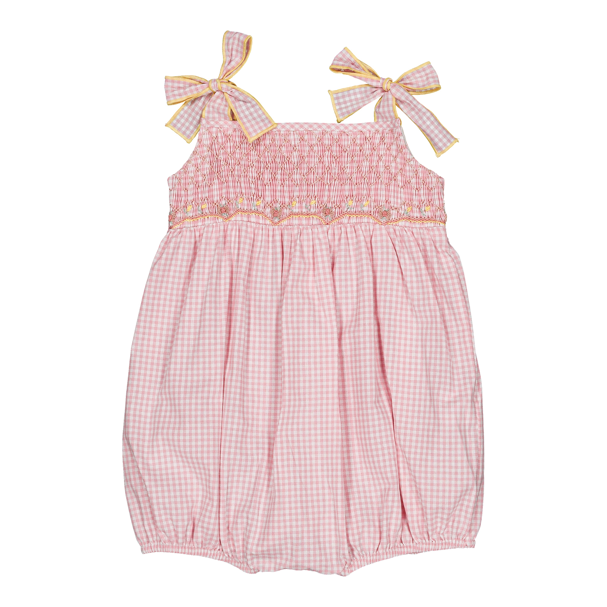 Francine, tutina da bambina con arricciature, a quadretti piccoli rosa confetto.