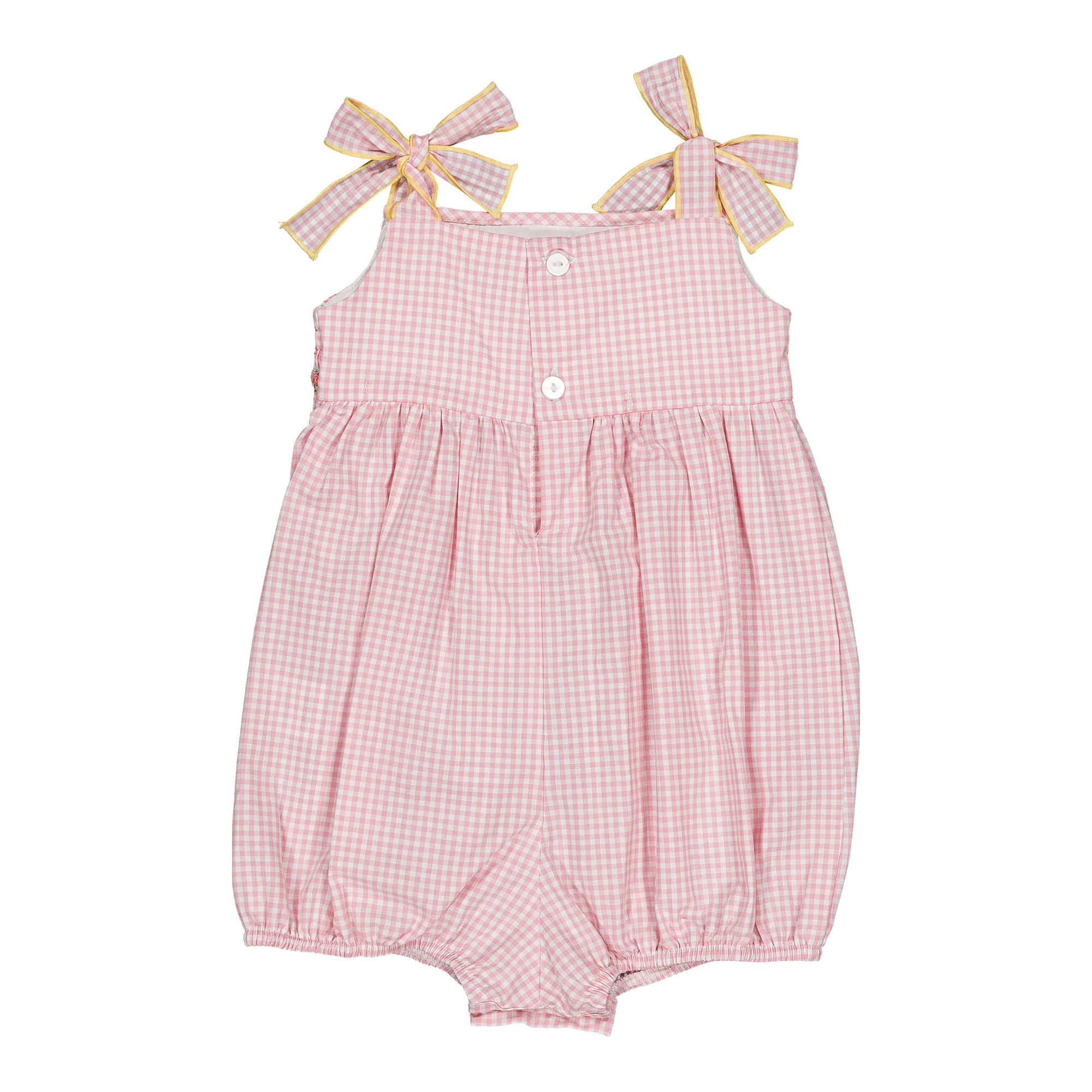 Francine, tutina da bambina con arricciature, a quadretti piccoli rosa confetto. - immagine 2