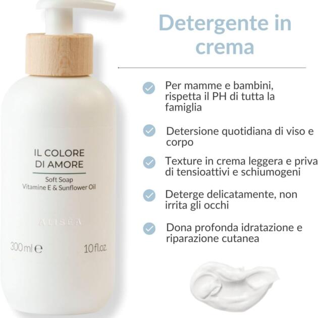 Alisea Parma Il Colore di Amore, Detergente in crema naturale per viso e corpo. Delicato e adatto alla pelle sensibile dei bambini. 300 ml