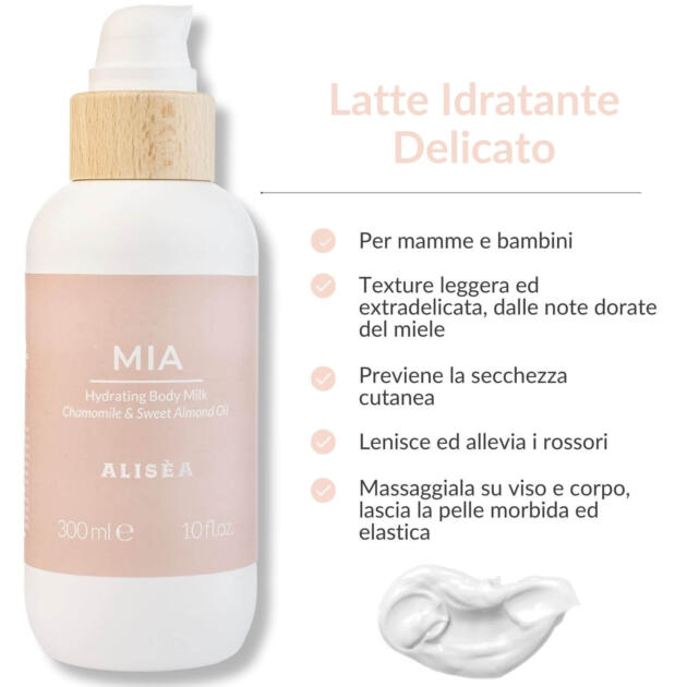 Alisea Parma Mia, Latte Idratante Delicato alle note dorate del miele. Adatto alla pelle sensibile dei bambini, allevia i rossori e previene la secchezza cutanea. 300ml.